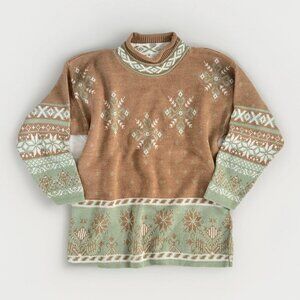 Vintage Oversized Nordic Fair Isle Beige Mint Chunky Winter Sweater Cottagecore